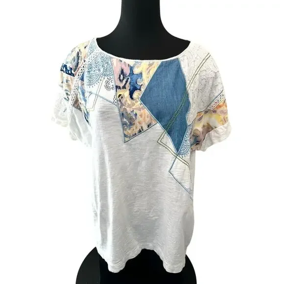 CHICO’S | White Boho Patchwork Short Sleeve Top | Size 3 XL - Picture 3 of 8